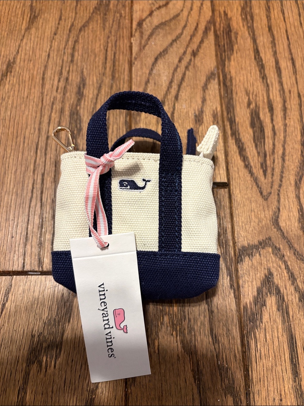 Vineyard Vines Navy & Cream Mini Tote Keychain with Pink Ribbon
